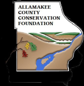 Logo of Allamakee County Conservation Foundation featuring a landscape with a river, hills, and three colored leaves.