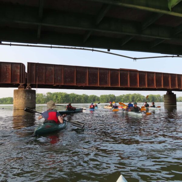 A group of kayakers paddles under a rusted railway bridge on a calm river, surrounded by green trees on the horizon.