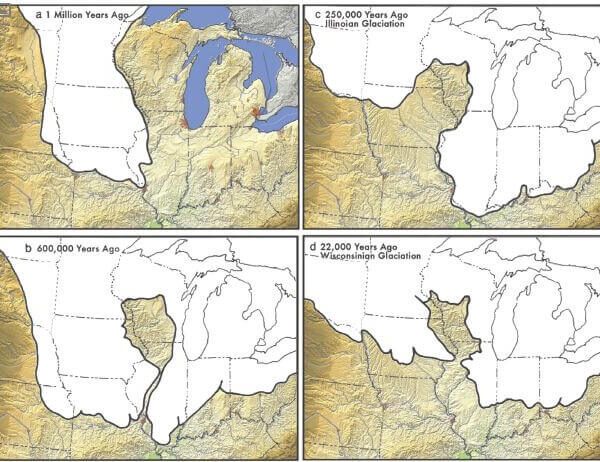 Map series showing North America's glaciation changes: (a) 1 million years ago, (b) 600,000 years ago, (c) 250,000 years ago, (d) 22,000 years ago, illustrating ice coverage over time.