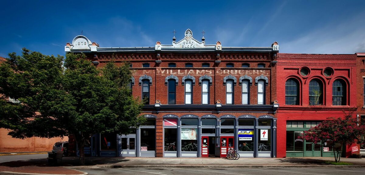 A historic two-story brick building with 